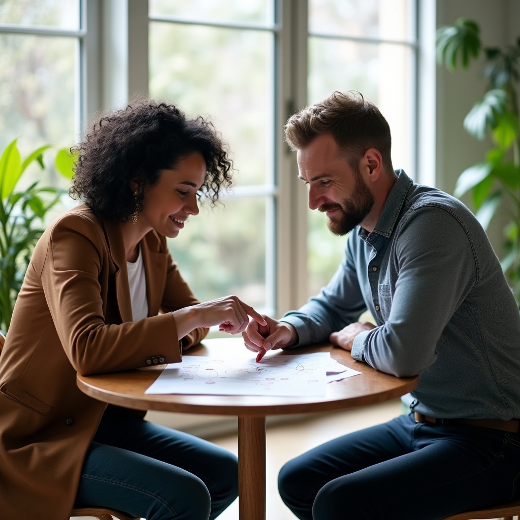 Two people at a small office table reviewing a printed content cluster map together, one pointing at a connected diagram