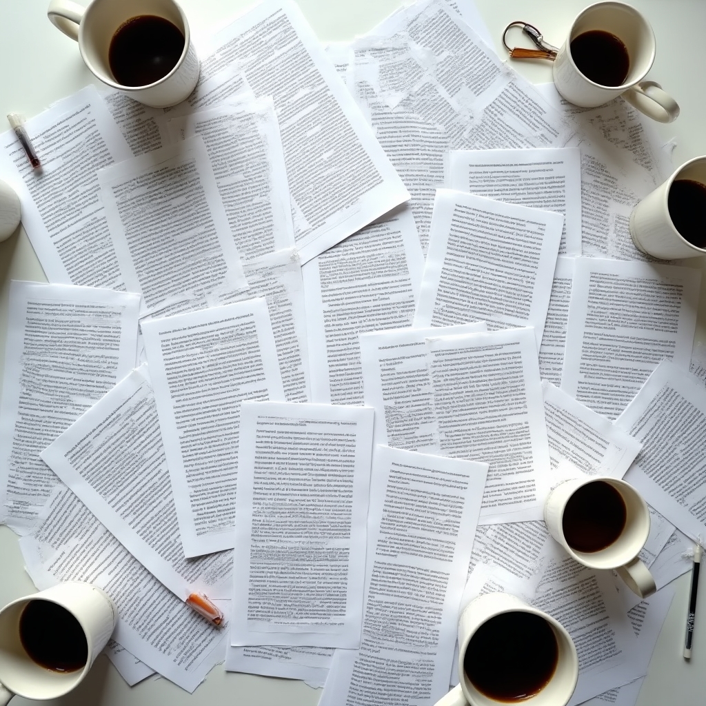 Fifty scattered article drafts spread randomly across a desk with no visible grouping or connection between them